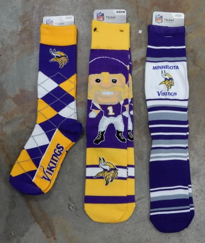 3 Pack NFL Minnesota Vikings Socks Gift Argyle Dress Mascot Madness Mas Stripes Cover