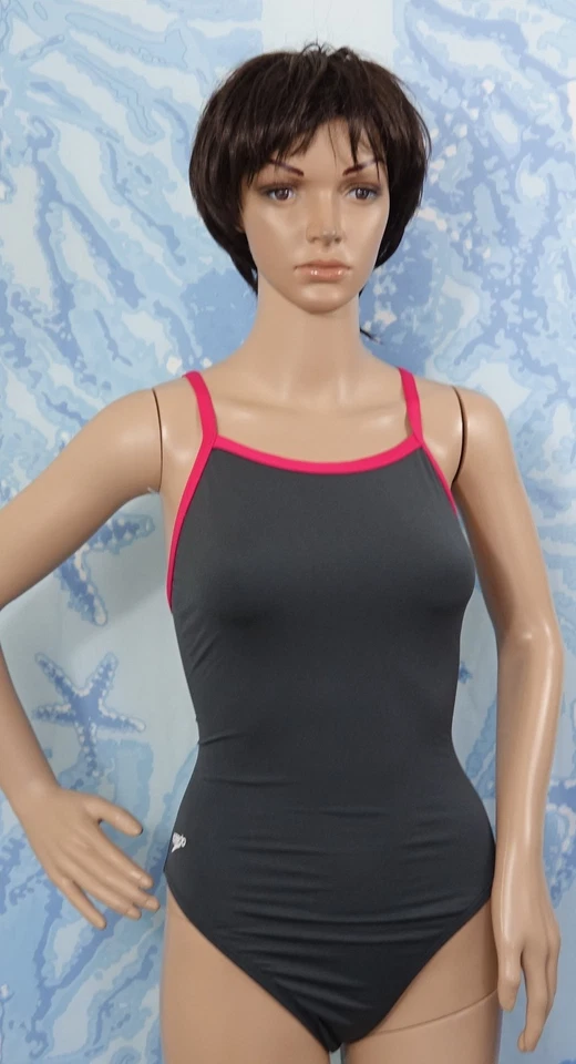 Traje de baño SPEEDO gris con correas rosas resistencia + entrenamiento flyback sólido 1 pieza, 8/34 Foto 1 de 1