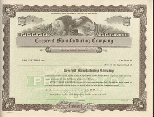 Crescent Manufacturing Company Años 1920 Washington certificado de stock preferido - Imagen 1 de 1