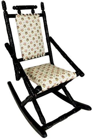 Antique Vintage Kids Child Size Wood Rocking Chair Black & Victorian Upholstery Cover