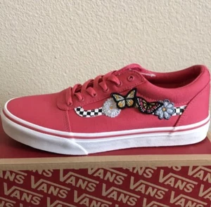 Vans Ward Schuhe Mädchen Größe 6 karierte Streifen rötlich rosa Schmetterlingsakzente neu im Karton - Bild 1 von 6