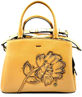 DKNY Paige 花卉皮革挎包单肩包女式包米色拿铁金 $298 全新 — 第 1/4 张图片