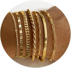 Gokeey - 7 Gold Bracelets 14K Real Gold Dainty Layered Cuban Link Paperclip - Picture 1 of 4
