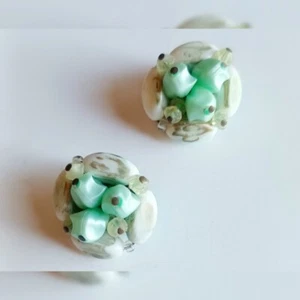 Vintage Midcentury West Germany Mint Green Blue Shell Bead Round Earrings  - Picture 1 of 4
