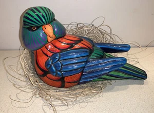 Mexican Folk Art Pottery BIRD Hand Painted w/ Nest.  Signed M PALACIOS. 11” x 6” - Picture 1 of 7