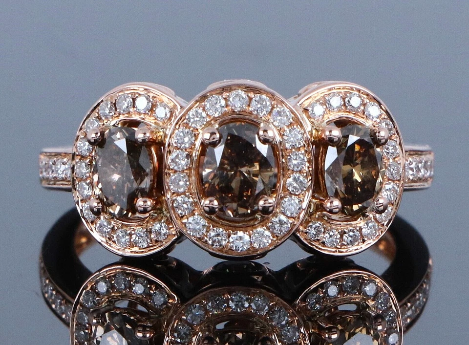 $9950 Levian 18K Rose Gold Three Stone Oval Chocolate Diamond Halo Cocktail Ring - Image 1 of 4
