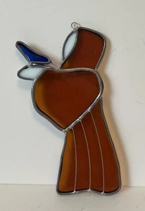 Vintage Stained Glass Sun Catcher Monk Holding A Blue Bird - Picture 1 of 3