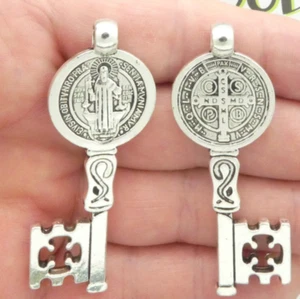 Pewter Silver 59x23mm St Benedict Medal Key with Maltese cross Charm double side - Picture 1 of 5