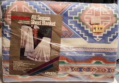 Vintage 70s Owen All Season Sheet Blanket 102x90 Queen King Southwestern Aztec - Image 1 of 4