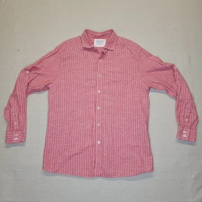 Camisa Madison de Lino Relajado para Hombres L Rosa Blanco Rayas Abotonada 55% Lino Informal Foto 1 de 4