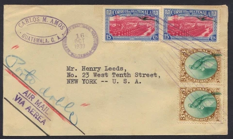GUATEMALA 1939 AIRMAIL W/"SERVIOIO INTERNATIONAL NO RETURNED" NIGHT FLIGHT SPEC Cover