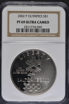 2002 P US Salt Lake Olympic Winter Games Proof Silver Dollar NGC PF69UCAM - Image 1 of 2
