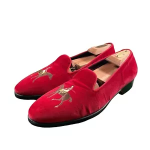 Ralph Lauren Purple Label Red Velvet Embroidered Polo Pony Slippers Mens 9.5D - Picture 1 of 12