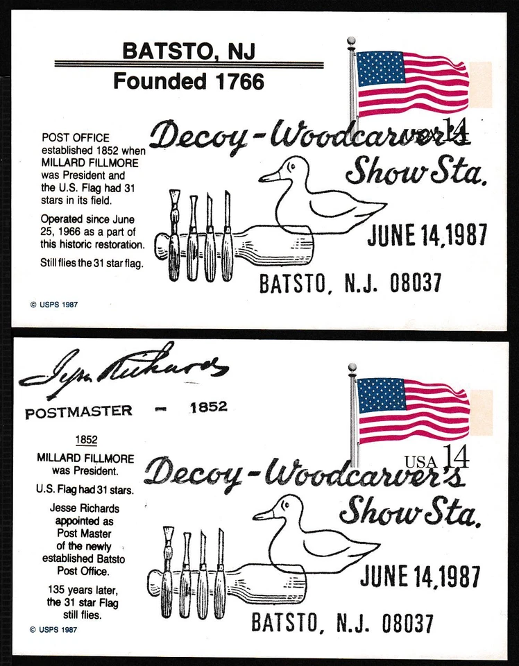 1987 U. S. Flag 14c postal card FDC Sc UX117 Batsto NH 2 different cachets (YB - Image 1 of 1