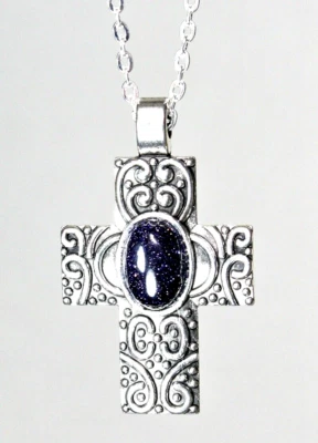 Blue Sunstone Cross Pendant Necklace ~ Oval Gemstone Cabochon / Ornate Setting - Image 1 of 4