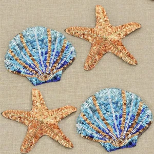 4pcs Sequin Cartoon Starfish Shell Patch Applique Iron on Sewing Craft DIY Decor - Picture 1 of 6