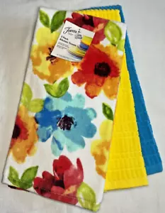 FIESTA KITCHEN TOWELS (3) FLOWERS BLUE RED ORANGE YELLOW 100% C0TTON NWT - Picture 1 of 4