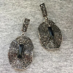 Art Deco black Crystal Earrings faux onyx pierced gold tone dangle runway style - Picture 1 of 4