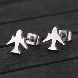 Silver Jet Airplane Plane Earrings Studs - Pilot, Flight Attendant, Stewardess - Picture 1 of 3