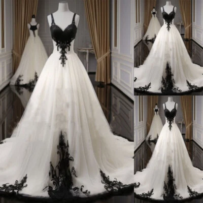 Gothic Wedding Dresses Black and White Spaghetti Straps Sweep Train Bridal Gowns - Image 1 of 4