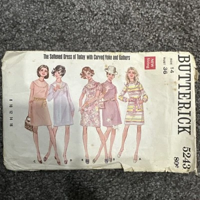Butterick 5243 Dress With Yoke Size 14 Sewing Pattern Vintage C.1969 - Image 1 of 4