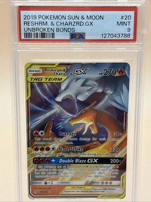 PSA 9 Reshiram & Charizard GX  2019 Pokemon Sun & Moon #20 Unbroken Bonds Holo - Image 1 of 4
