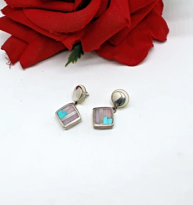 Sterling Silver Mother of Pearl & Turquoise  Pierced  Earrings 10.2g Cat RESCUE - Image 1 of 2