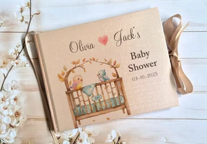 LIBRO DE VISITAS PERSONALIZADO BABY SHOWER TEMA PÁJARO, ÁLBUM DE MEMORIA BEIGE DORADO - Imagen 1 de 2