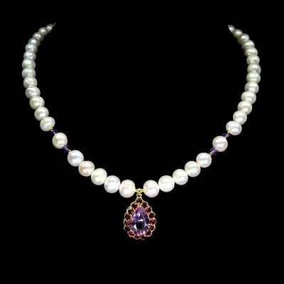 Collar de plata de ley 925 pera amatista 14x10 mm perlas piedras preciosas joyería 17 pulgadas Foto 1 de 4