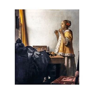 Vermeer, Woman with a Pearl Necklace, 1664, Canvas Print, 11" x 14" + Border - Picture 1 of 10