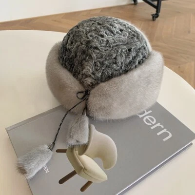 Women's Real Whole Pelt Mink Fur Hat Beret Warm Top Hat Bowler Hat Lamb Fur Cap - Image 1 of 4