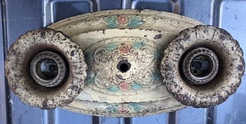Antique 2 Light Tin Flush Mount Ceiling Light Fixture 1930s Art Deco HandPainted Cover