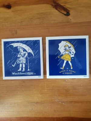 MORTON SALT WHEN IT RAINS IT POURS Set of 2 Tiles COASTERS COLLECTION Trivet - Image 1 of 4