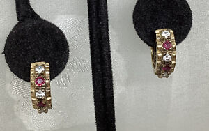 Designer Ross Simons Gold Sterling Silver Lab Created Ruby & CZ Hoop Earrings