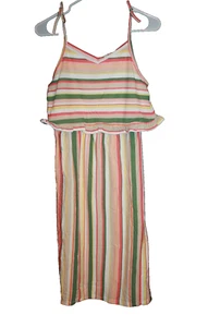 Roxy Girl's Size XL 14 Sleeveless Dress Striped Green Coral Tan White Midi NEW - Picture 1 of 2