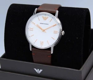 NEW AUTHENTIC EMPORIO ARMANI KAPPA SILVER BROWN LEATHER MEN'S AR11173 WATCH - Picture 1 of 10