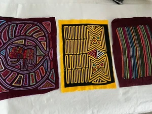 3 Panama Kuna Mola approx 16x12" Bright Handmade Stitching Appliqué Art - Picture 1 of 9