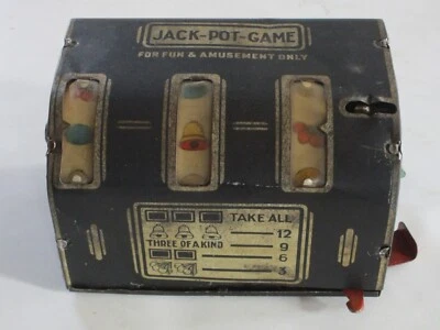Jack-Pot-Game Slot Machine 1 Arm Bandit Tin Toy Buffalo NY USA Vintage 1930's - Image 1 of 4
