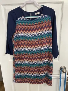 Everly Lined Dress Women’s Size Medium Aztec Geometric Design Navy Blue Orange - Picture 1 of 5