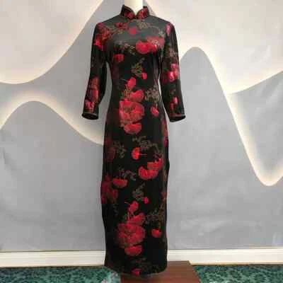 Mujeres Tradicional Cheongsam Vestido de Terciopelo Ajuste Manga 3/4 Baile de graduación Qipao Boda Fiesta Foto 1 de 4