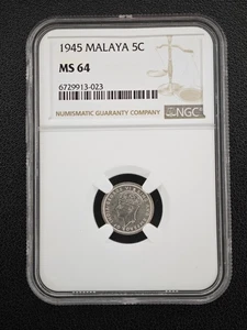 1945 Malaya 5 Cents NGC MS64 Silver Coin King George VI - Picture 1 of 2