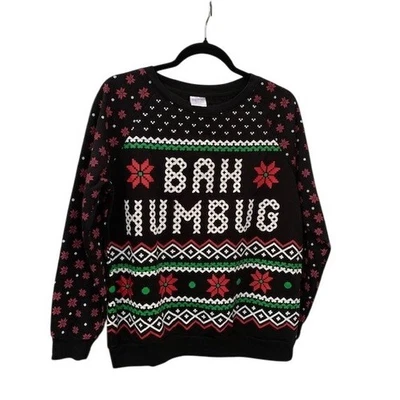 Уродливый рождественский свитер Bah Humbug пуансеттия черный размер женский подростковый M 7-9 - Изображение 1 из 4
