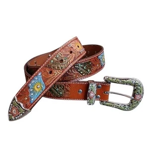 Hand Tooled Leather Western Floral Bling Belt Women's L/XL - Picture 1 of 13