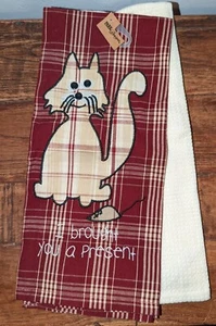 Christmas Dish / Hand Towel Set Cat "I Brought You A Present" Burgundy Tan Plaid - Picture 1 of 3