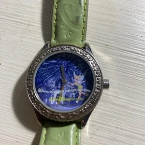 Disney Tinkerbell Blue Dial Crystal Accent Bezel GreenLeather  Band Watch - Picture 1 of 5