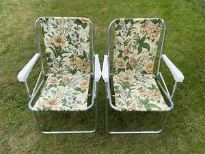 Pair Vintage Retro Camping Folding Deck Chairs Garden, Cream Green Floral R69