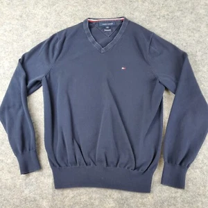 Tommy Hilfiger Sweater Mens Small Blue V Neck Long Sleeve Logo Stretch Pullover - Picture 1 of 14