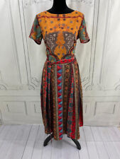 Eshakti A-line Midi Dress Ethnic Goldenrod Red Teal Print UNIQUE CUSTOM (10-12)