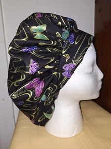 Purple & Teal Butterflies Black Medical Surgical Bouffant Scrub Hat SIZE Small - Picture 1 of 2