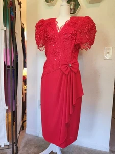 US Vtg 80's ILGWU Leslie Fay Vibrant Red Cocktail Dress Sequin Floral W Bow 12 - Picture 1 of 23